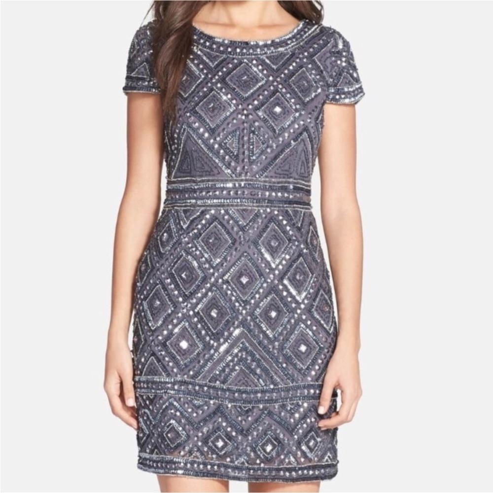 Adrianna Papell Geo Bead Dress Cap Sleeve Size 12 Gray Silver